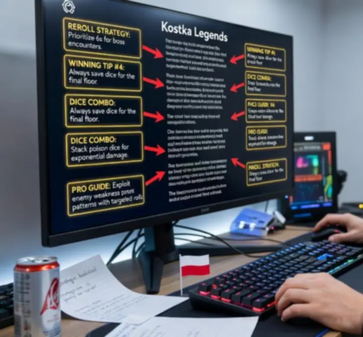 Ekran z poradami i zaawansowanymi strategiami dla gry kościanej roguelike
